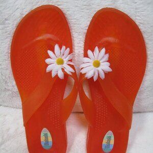 OKABASHI Reflexology Thong Orange w Flower LARGE, Women's 9.5 - 10